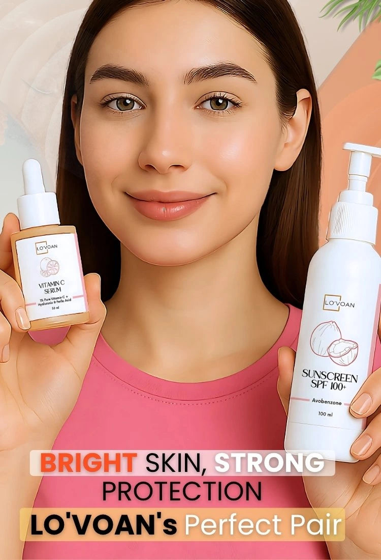 A picture showing a beautiful long hair girl holding Lo'voan Vitamin C Serum 30ml bottle and Lo'voan Sunscreen SPF100+ 100ml bottle in hands while text displaying BRIGHT SKIN, STRONG PROTECTION, LO'VOAN'S Perfect Pair