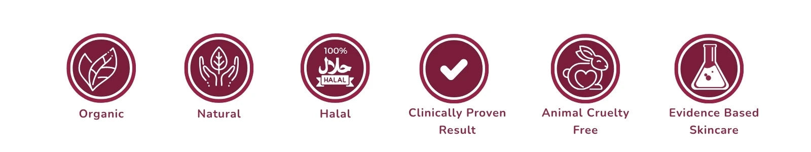 Set of icons representing organic, natural, halal, clinically proven result, animal cruelty free, and evidence-based skincare.