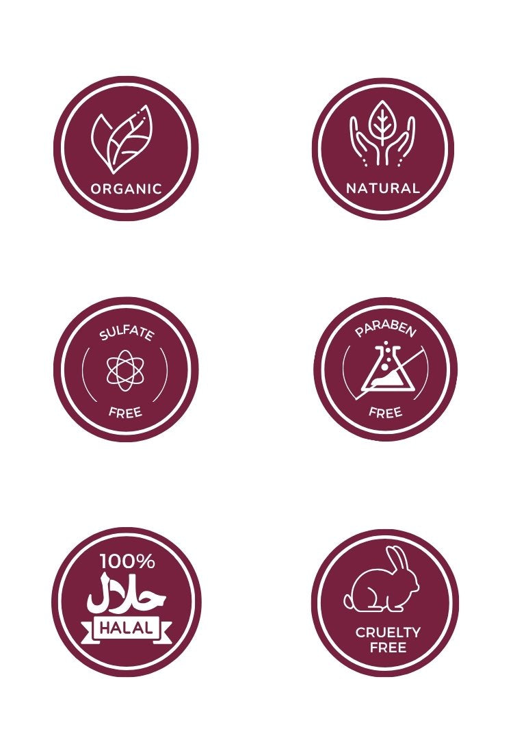 Set of organic, natural, sulfate-free, paraben-free, halal, and cruelty-free product labels on a white background.