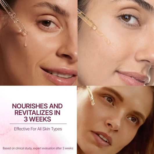 A picture showing 3 different girls with serum droppers captions - Nourishes And Revitalizes In 3 Weeks - Effective For All Skin Types