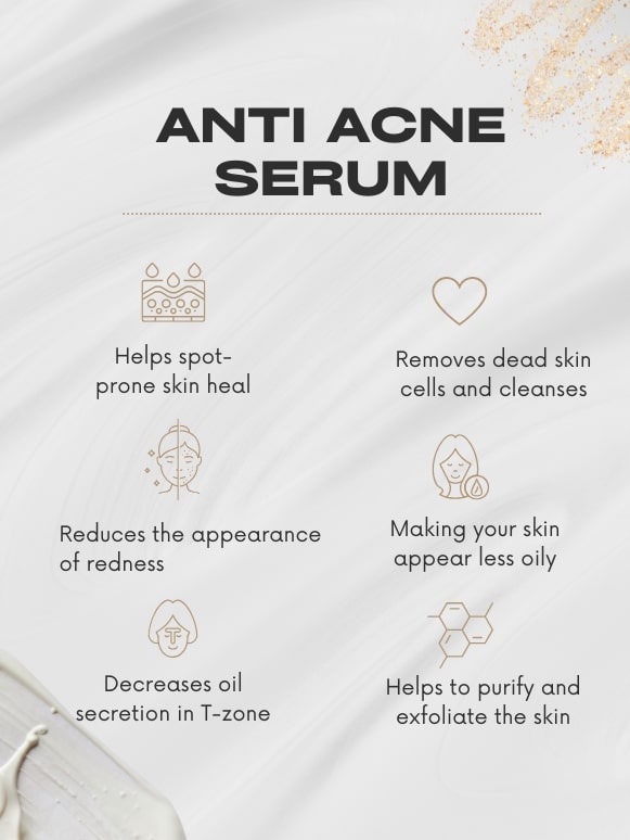 Lo'voan anti-acne serum benefits icons on a light grey  background.