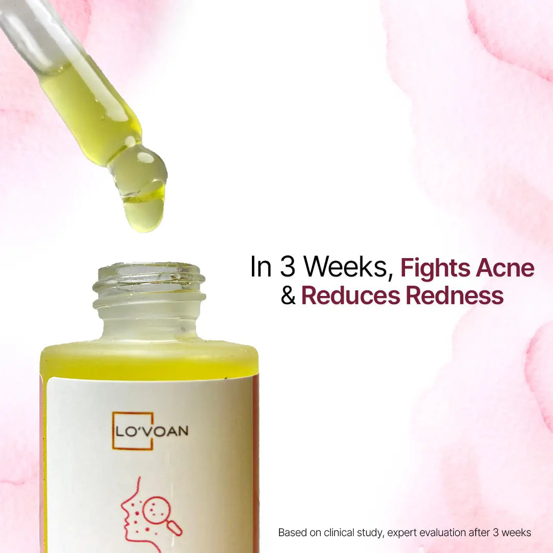 Lo'voan bottle with a dropper with dripping serum captioning "In 3 Week, Fights Acne & Reduces Redness"