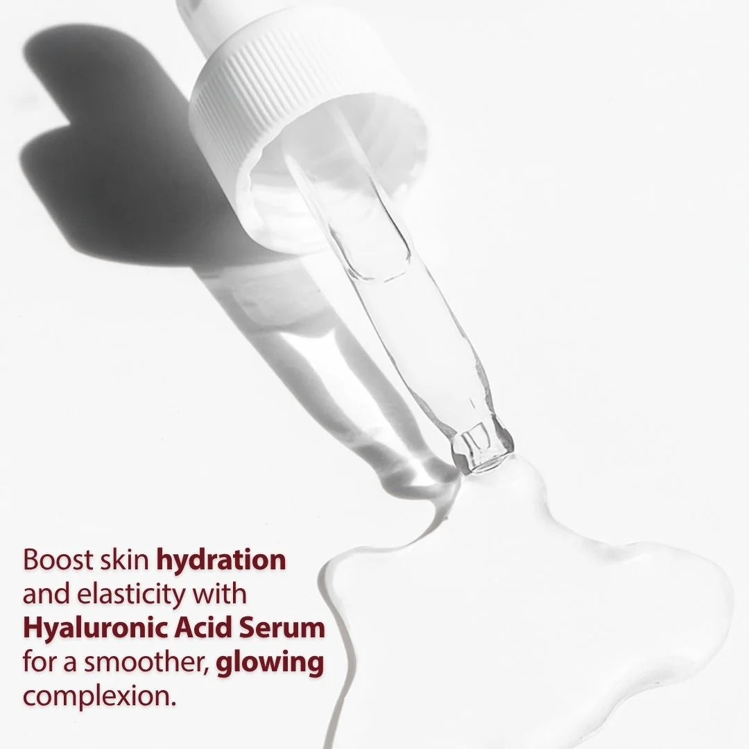 Hyaluronic Acid Serum dropper with text on a white background