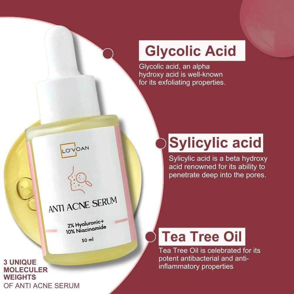 Lo'voan Anti Acne Serum bottle with white and maroonish pink background stating benefits of ingredients like Salicylic Acid, Glycolic Acid and Tre Tree Oil