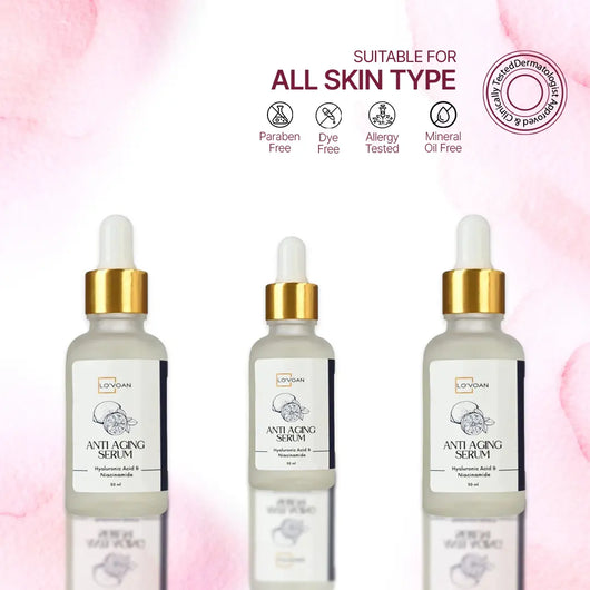 A picture showing Lo'voan's Anti Aging Serum captions its suitable for all skin types - Paraben free, Dye free, Allergy tested and Mineral oil free