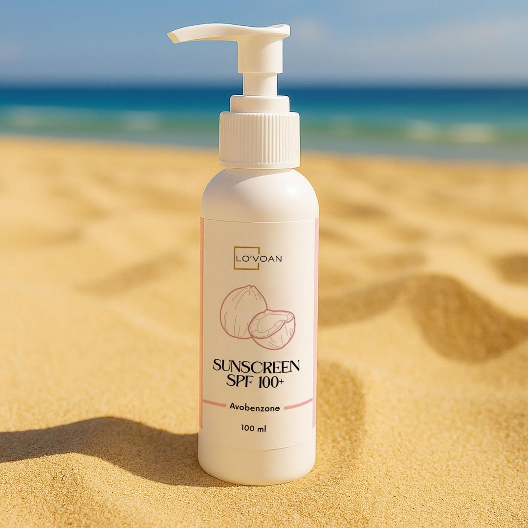 Sunscreen SPF 100+ bottle for strong UV protection