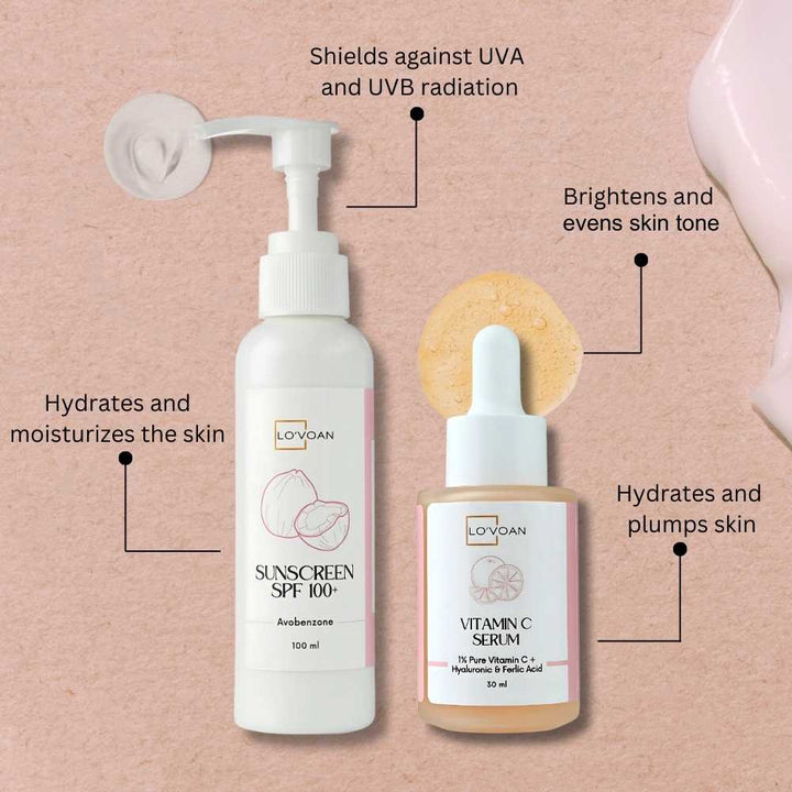 Lo'voan Sun Care Brightening Duo showing benefit of sunscreen SPF 100+  - Shields against UVA and UVB radiation, Hydeates and moisturizes the skin, vitamin c serum - Brightens and evens skin tone, Hydrates and plumps skin