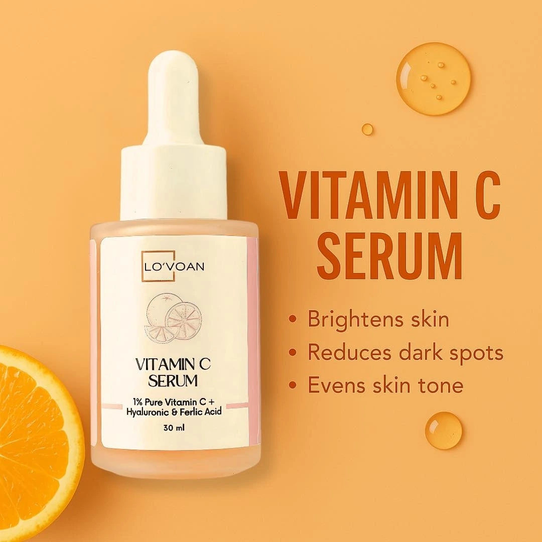 Lo’voan Vitamin C Serum Benefits – Brightens skin tone, reduces dark spots, boosts collagen, and protects against environmental damage – Skincare infographic.