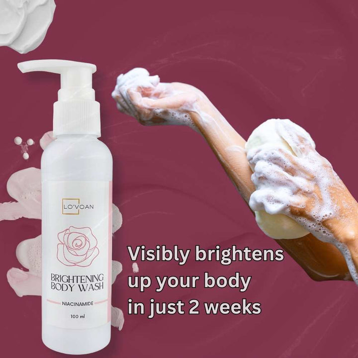 Lo'voan Brightening Body Wash 100 ml bottle with brown background captioning "Visibly brightens up your body in just 2 weeks"