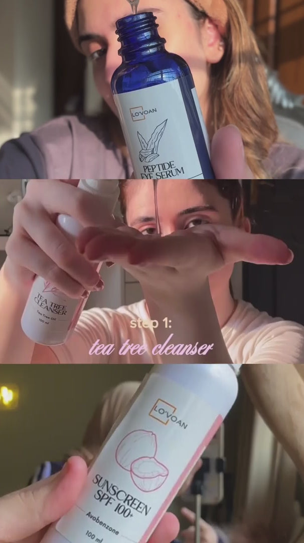 Lo'voan Customer Review display video featuring two girls Lo'voan Peptide Serum, Lo'voan Tea Tree Cleanser &  Lo'voan Sunscreen SPF 100++ 